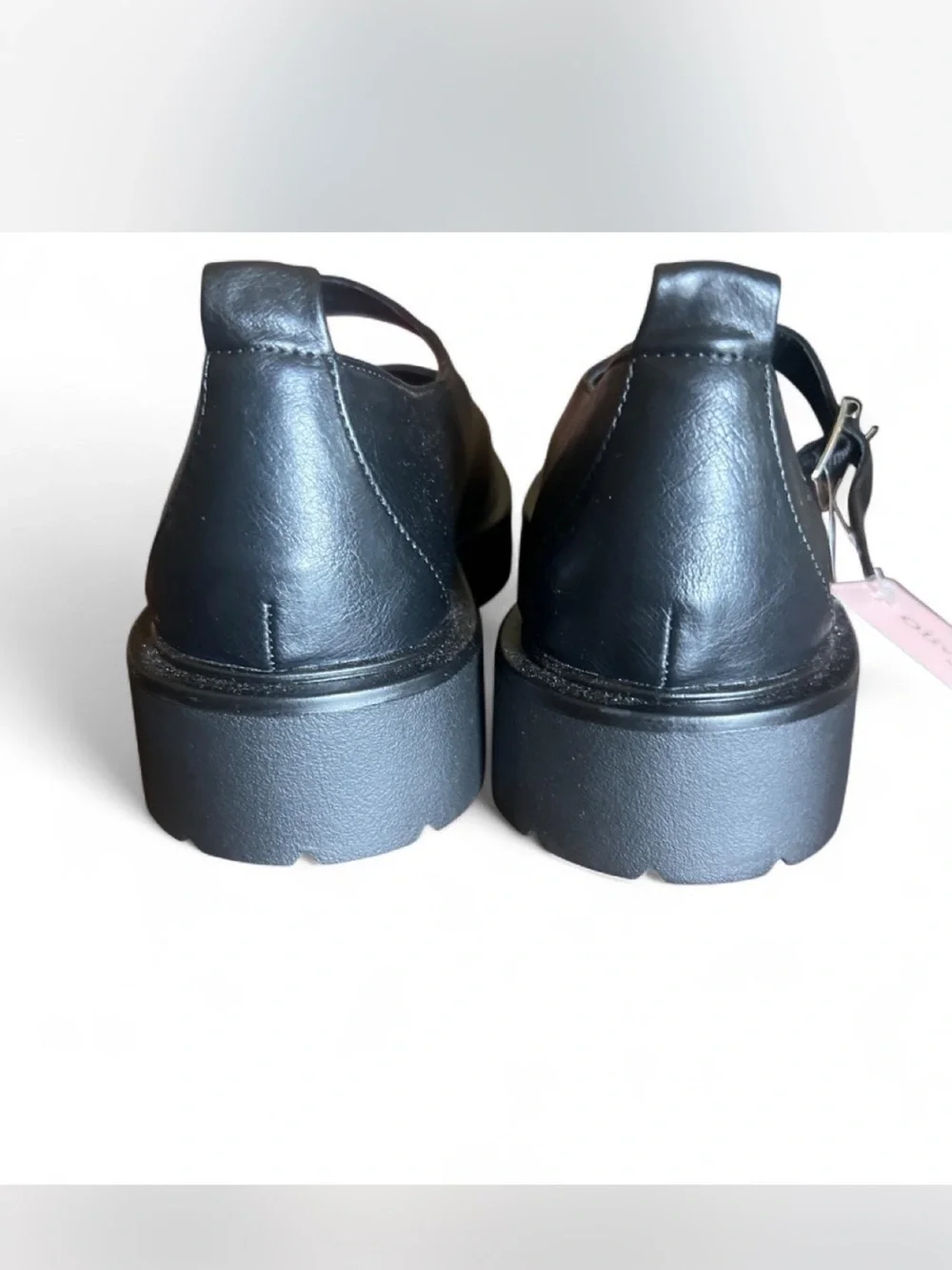 Platform Mary Jane Flats in Black Leather with Buckle Strap